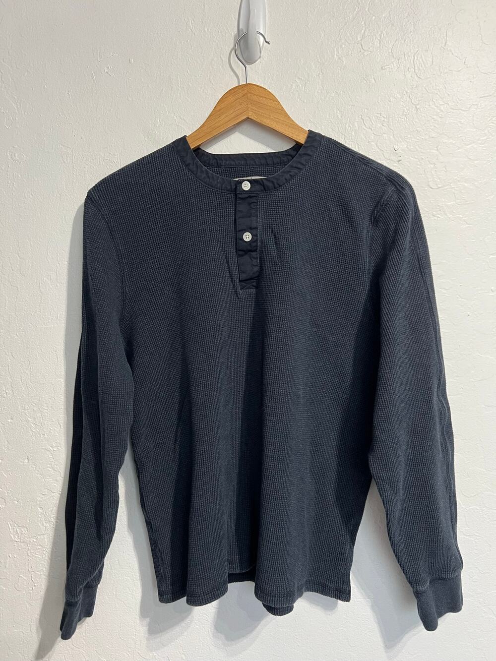 Everlane Henley Shirt Mens Large Navy Blue Waffle Thermal Long Sleeve